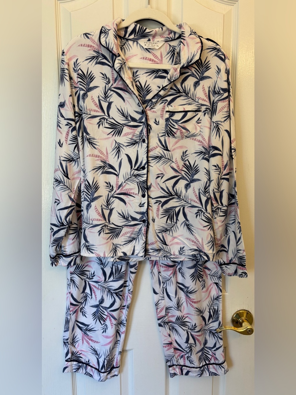 Primark White Pajama Set with Navy and Pink Leaf Print ~ Women’s Medium ~